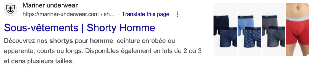 First Google result for "shortys homme": Mariner underwear, "Sous-vêtements | Shorty Homme"