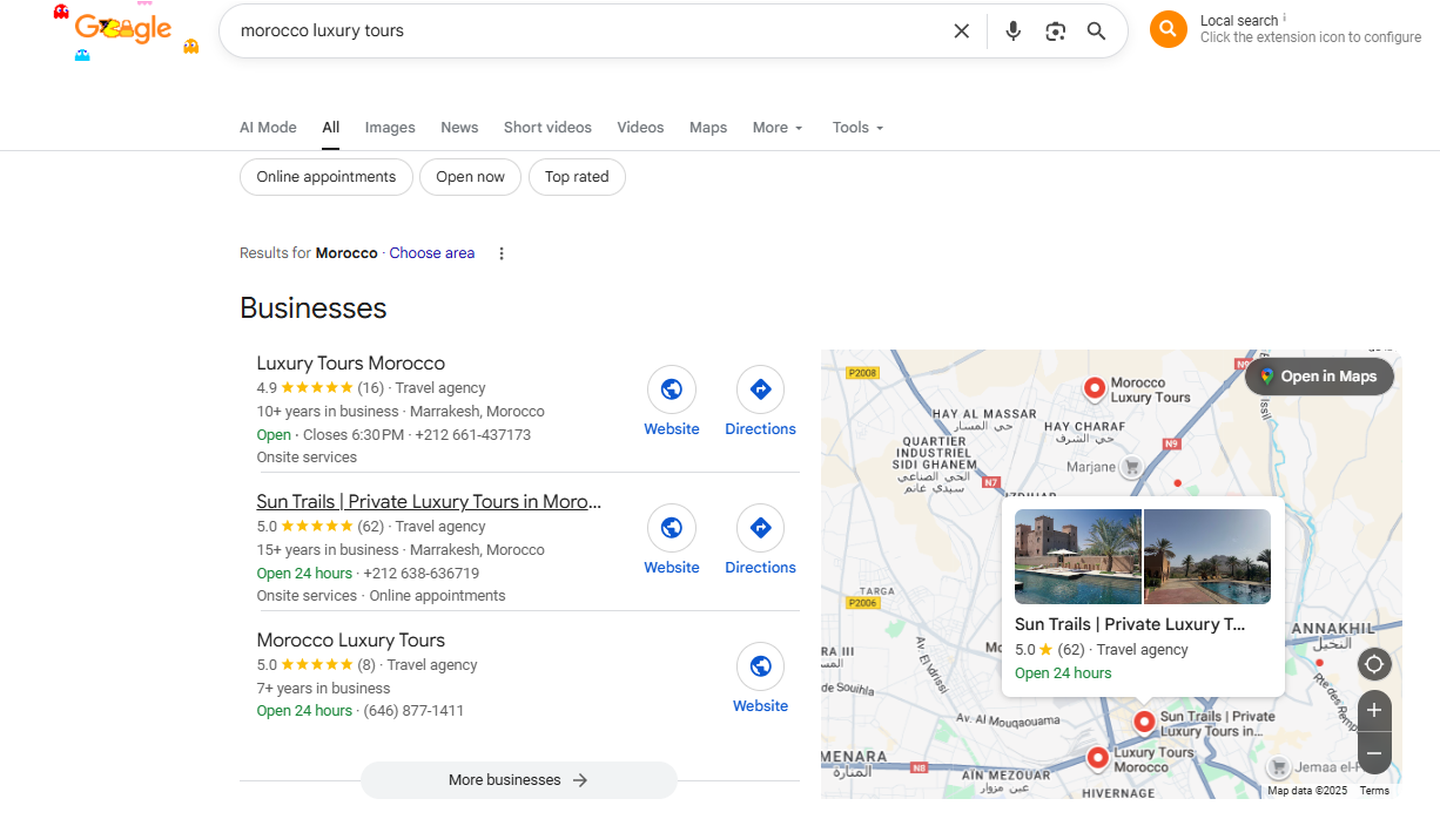 Sun Trails dans le top 3 local de Google au Maroc sur morocco luxury tours