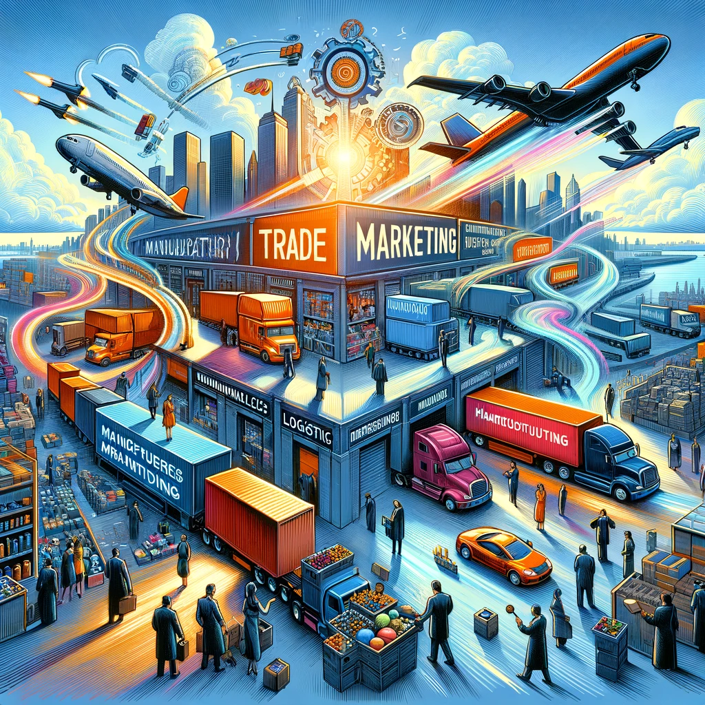 Trade marketing : stratégies, avantages, outils et exemple (2025) 1 Trade marketing : une illustration dynamique de la collaboration entre fabricants et distributeurs en commerce B2B, mettant en avant la logistique et le merchandising des années 90.