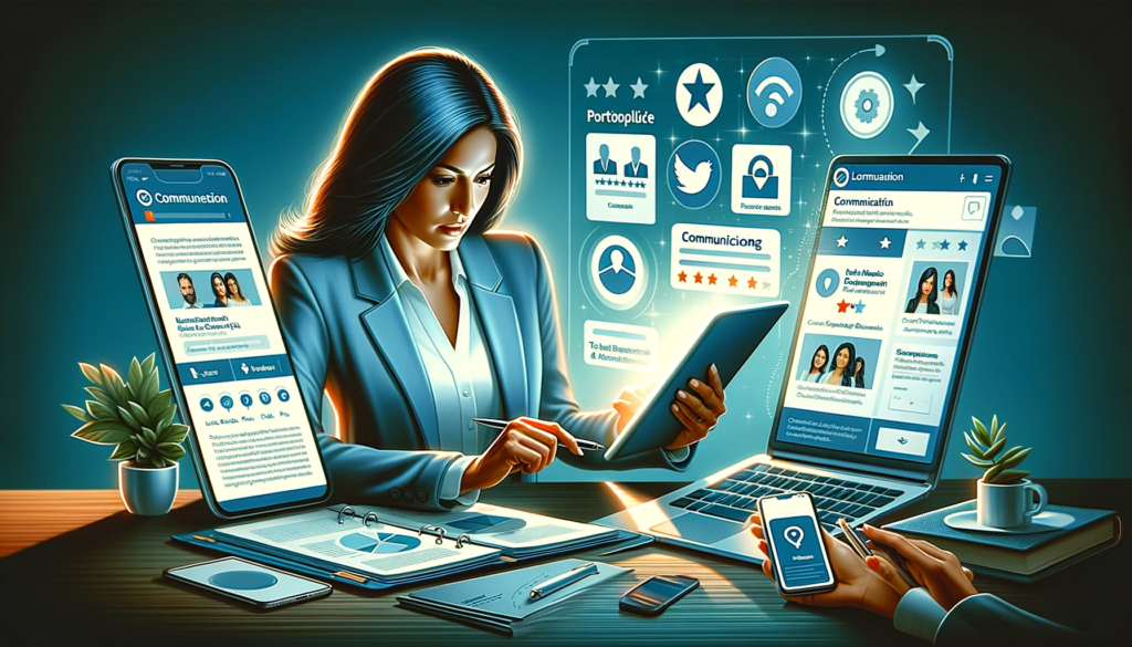 BOITE DE COMMUNICATION : 5 CRITÈRES POUR FAIRE UN EXCELLENT CHOIX 4 boite de communication une professionnelle examinant des portfolios et des avis clients sur différents appareils, illustrant l'étape d'analyse approfondie nécessaire pour choisir la bonne agence.