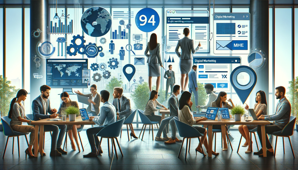 Le guide absolu pour maîtriser le marketing digital 1 les divers éléments du marketing digital, montrant des professionnels travaillant sur différentes stratégies dans un environnement de bureau moderne.
