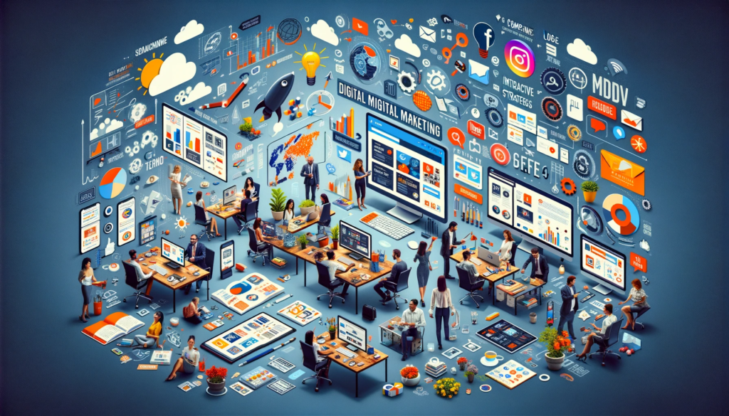 Le guide absolu pour maîtriser le marketing digital 2 la diversité des tactiques et types de contenus du marketing digital, montrant des professionnels travaillant sur différents projets dans un environnement de bureau créatif.