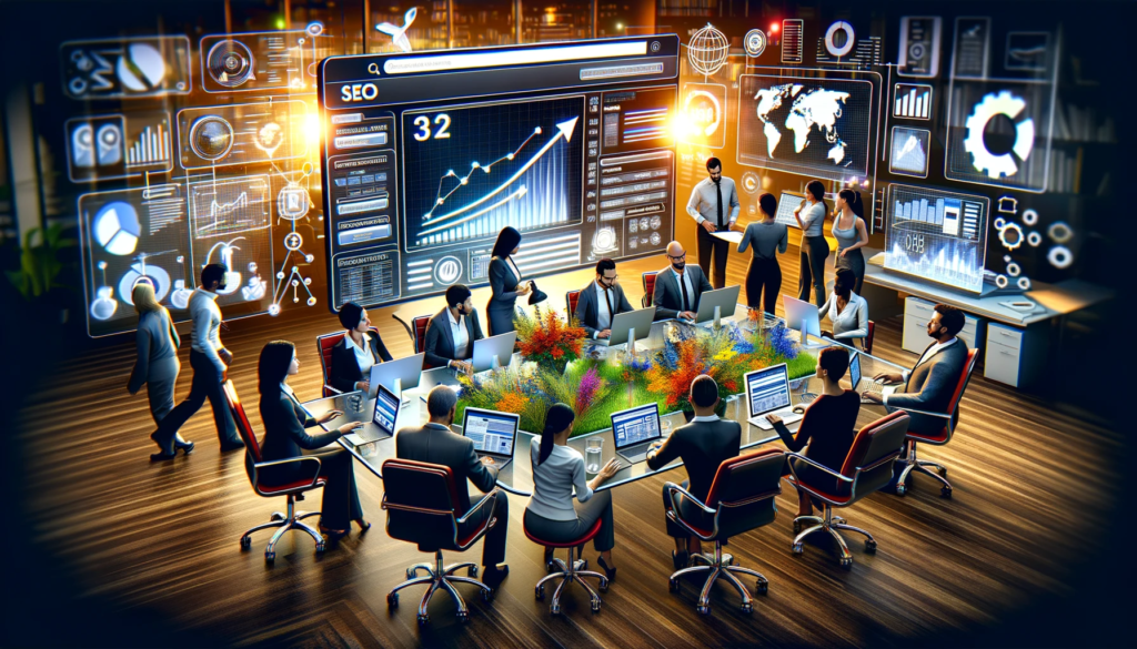 Le guide absolu pour maîtriser le marketing digital 3 marketing digital. Optimisation pour les Moteurs de Recherche (SEO), montrant une équipe diversifiée travaillant ensemble sur des stratégies SEO dans un environnement professionnel.