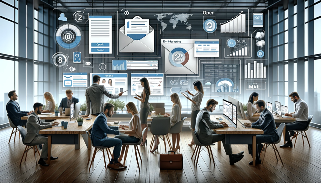 Le guide absolu pour maîtriser le marketing digital 5 marketing digital le marketing par e-mail dans un contexte professionnel, montrant une équipe travaillant sur des campagnes d'e-mail marketing dans un bureau moderne.