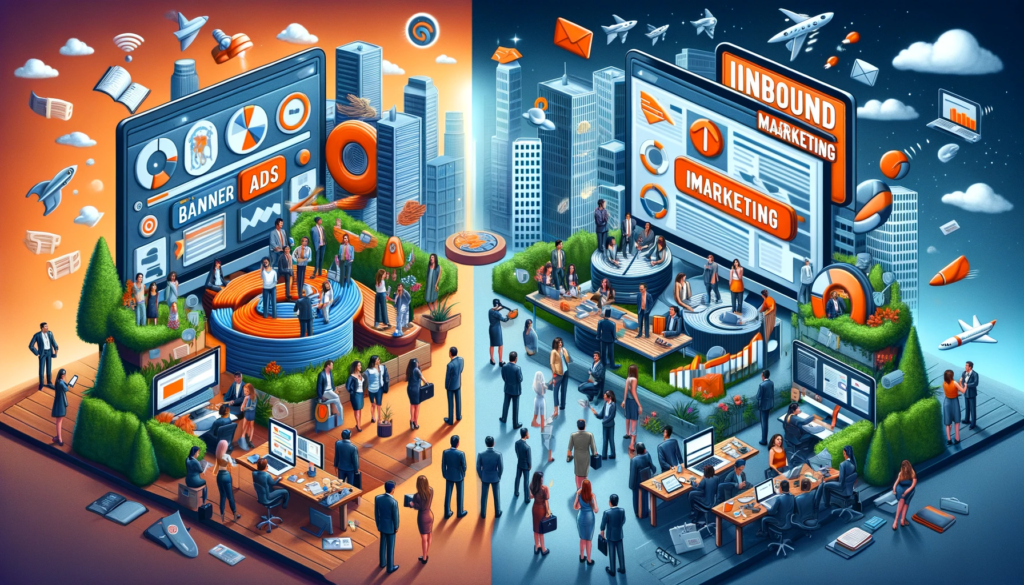 Le guide absolu pour maîtriser le marketing digital 8 marketing digital la différence entre le marketing digital et le marketing inbound, montrant une comparaison visuelle entre les approches outbound et inbound dans un contexte professionnel.