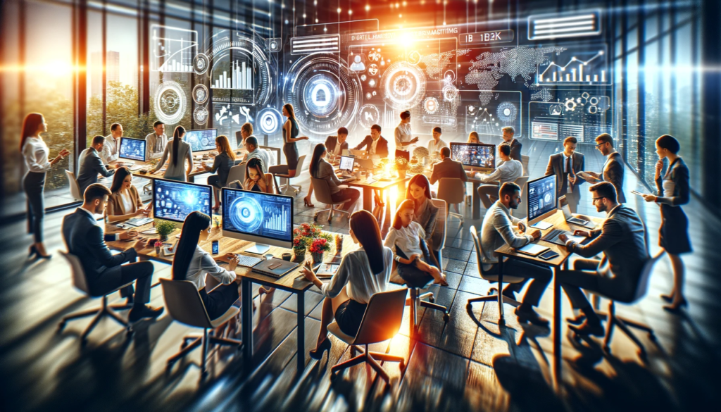 Le guide absolu pour maîtriser le marketing digital 9 marketing digital l'efficacité du marketing digital pour les entreprises B2B et B2C, mettant en scène une équipe de marketing diversifiée travaillant dans un environnement de bureau moderne.