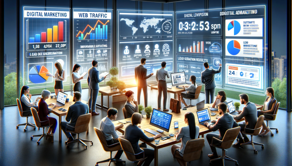 Le guide absolu pour maîtriser le marketing digital 10 les avantages du marketing digital dans un environnement professionnel, mettant en scène une équipe travaillant sur divers aspects tels que l'analyse du trafic web, l'optimisation des campagnes publicitaires numériques et l'examen des statistiques de génération de leads.