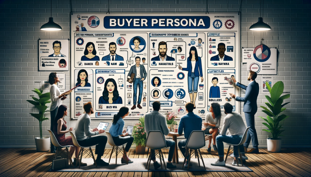 Le guide absolu pour maîtriser le marketing digital 12 le concept des buyer personas dans le marketing digital, montrant une équipe analysant différents profils de consommateurs.