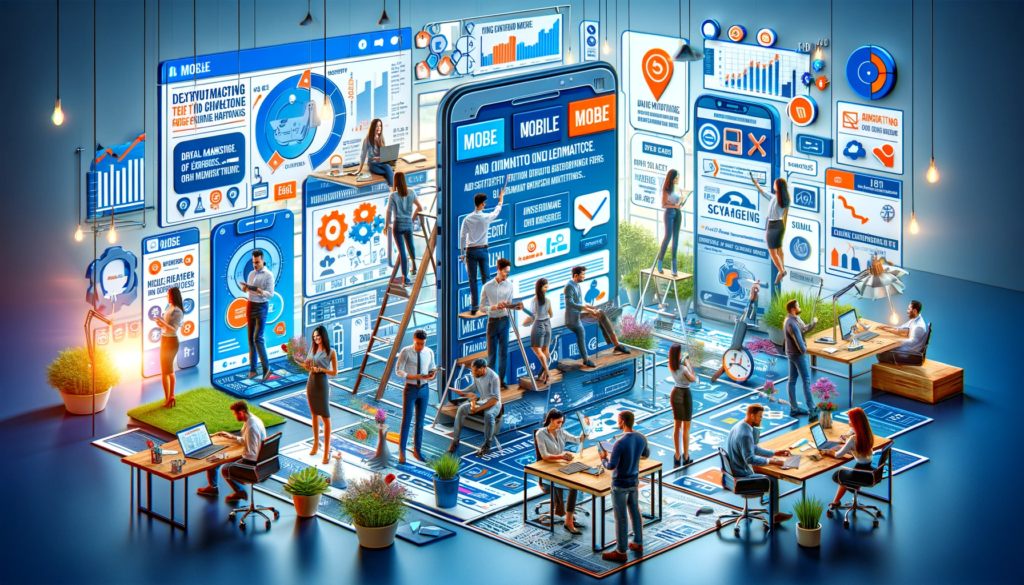 Le guide absolu pour maîtriser le marketing digital 14 l'importance du marketing mobile dans le paysage du marketing digital, mettant en scène une équipe optimisant divers composants du marketing digital pour les utilisateurs mobiles.