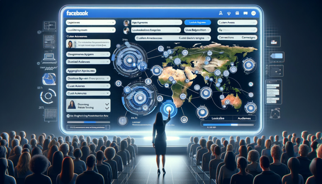 LinkedIn Ads vs Facebook Ads : quel moyen de publicité choisir en 2025 ? 2 LinkedIn Ads vs Facebook Ads. une spécialiste du marketing numérique utilisant les capacités de ciblage avancées de Facebook Ads. On y voit un grand écran interactif qui affiche une carte du monde, où le marketeur sélectionne des zones géographiques spécifiques pour le ciblage publicitaire. L'écran montre également des filtres démographiques et des profils d'utilisateurs, illustrant les concepts d'audiences similaires et d'audiences personnalisées basées sur des données CRM et d'autres sources.