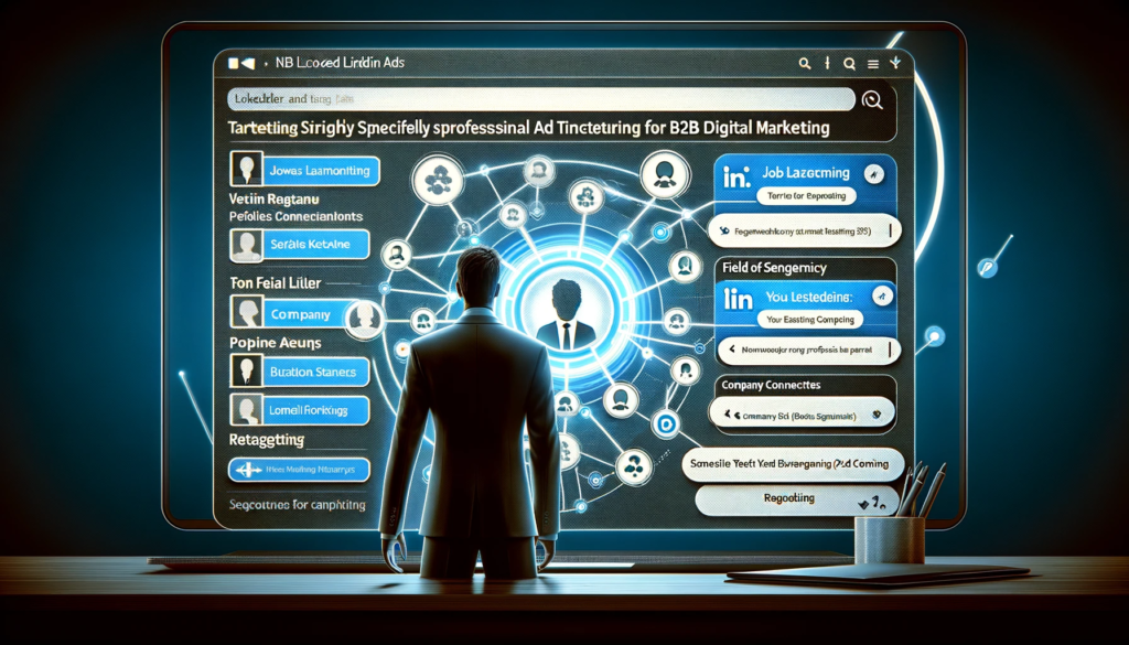 LinkedIn Ads vs Facebook Ads : quel moyen de publicité choisir en 2025 ? 3 LinkedIn Ads vs Facebook Ads. les fonctionnalités de ciblage professionnel de LinkedIn Ads pour le marketing digital B2B, mettant en scène un marketeur sélectionnant des critères spécifiques pour le ciblage publicitaire sur la plateforme LinkedIn.