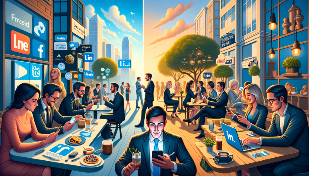 LinkedIn Ads vs Facebook Ads : quel moyen de publicité choisir en 2025 ? 4 LinkedIn Ads vs Facebook Ads. les différents contextes d'utilisation des utilisateurs de Facebook et LinkedIn, mettant en scène les états d'esprit variés avec lesquels ils interagissent sur chaque plateforme.