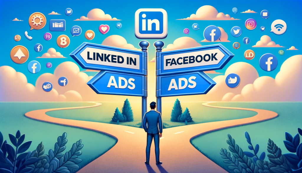 LinkedIn Ads vs Facebook Ads : quel moyen de publicité choisir en 2025 ? 5 LinkedIn Ads vs Facebook Ads. un marketeur à un carrefour, face à deux panneaux indicateurs : l'un pour LinkedIn Ads, dans des tons de bleu professionnel avec des icônes de réseautage d'affaires, et l'autre pour Facebook Ads, dans des couleurs plus décontractées symbolisant une cible d'audience plus large et une interaction sociale. Des nuages à l'effigie des logos de LinkedIn et Facebook flottent au-dessus, représentant la réflexion du marketeur sur le choix de la plateforme publicitaire adaptée à sa stratégie.