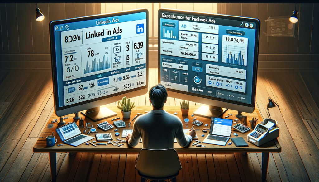 LinkedIn Ads vs Facebook Ads : quel moyen de publicité choisir en 2025 ? 6 LinkedIn Ads vs Facebook Ads, un marketeur analysant des données sur deux écrans, l'un avec l'interface de LinkedIn Ads et l'autre avec celle de Facebook Ads. Les écrans affichent des graphiques et des statistiques sur les taux de conversion, les leads et le ROI, aidant le marketeur à évaluer l'efficacité des deux plateformes pour des campagnes publicitaires.