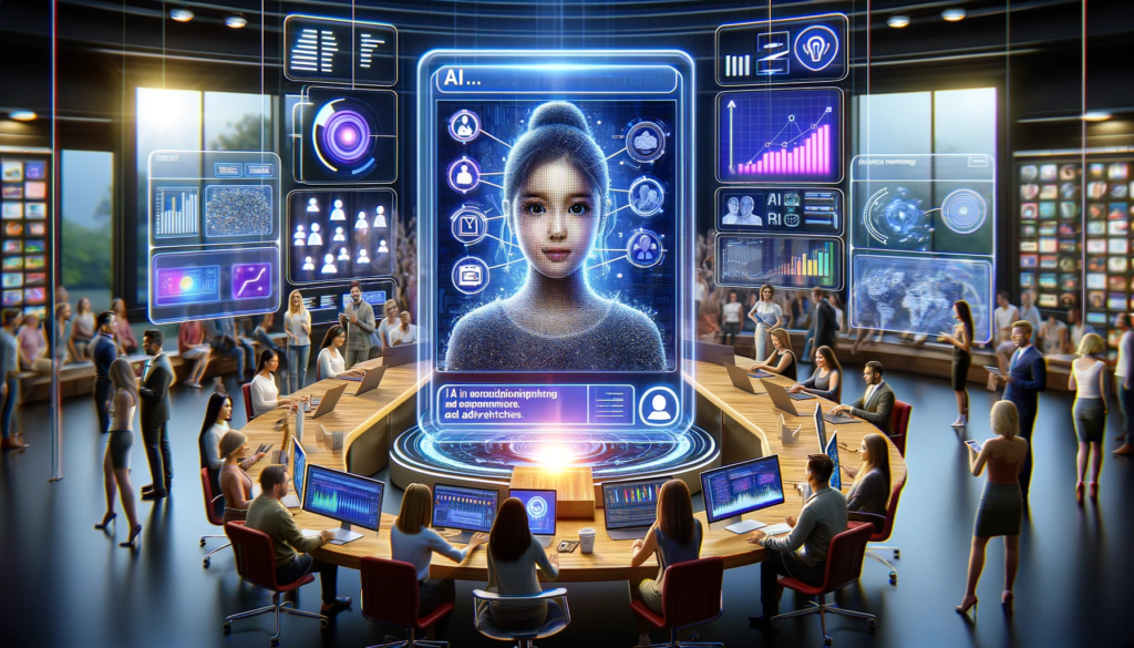 futur du marketing le rôle de l'intelligence artificielle dans la création de publicités personnalisées. Elle montre un cadre de marketing digital avancé où des professionnels utilisent des outils pilotés par l'IA pour analyser les données des utilisateurs et élaborer des campagnes publicitaires sur mesure. Un grand écran affiche un profil utilisateur avec des points de données indiquant ses intérêts, besoins et préférences, mettant en évidence comment l'IA permet une compréhension approfondie de chaque utilisateur pour des publicités hautement personnalisées et efficaces.