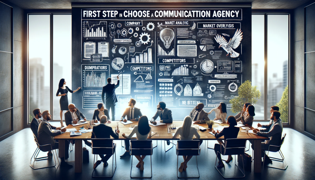 BOITE DE COMMUNICATION : 5 CRITÈRES POUR FAIRE UN EXCELLENT CHOIX 1 boite de communication : Elle montre une équipe diverse en réunion, travaillant sur un brief détaillé, avec des sections comme 'Présentation de l'Entreprise', 'Analyse du Marché', 'Concurrents', et 'Démographie des Clients'