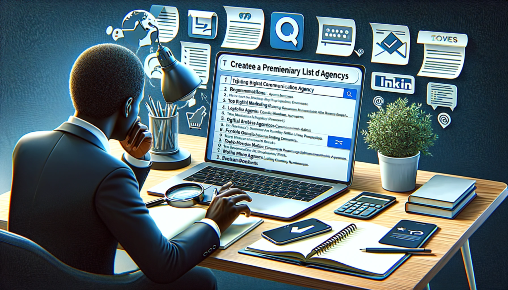 BOITE DE COMMUNICATION : 5 CRITÈRES POUR FAIRE UN EXCELLENT CHOIX 3 boite de communication un professionnel effectuant des recherches sur un ordinateur, entouré de notes et listes, avec un écran affichant des recherches sur des agences de marketing digital et des avis sur Google