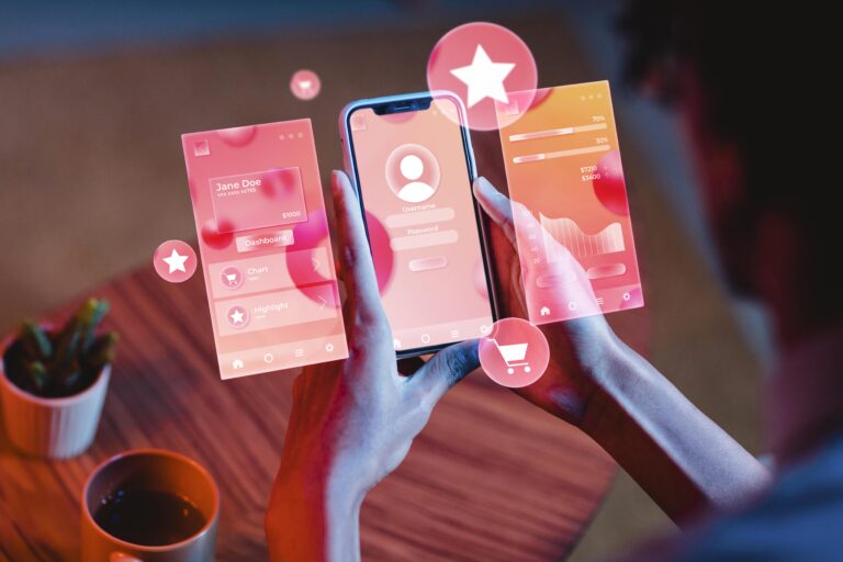 Une illustration montrant une personne travaillant sur un exemple de design de l'interface utilisateur (UI design) réactif et convivial pour un site web ou une application.