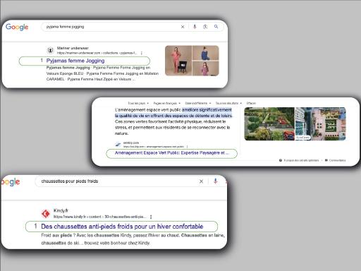 Résultats de recherche Google sur un smartphone et un ordinateur portable, montrant divers sites Web optimisés par notre agence de création de site web pour les moteurs de recherche
