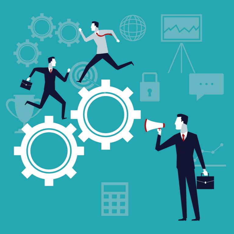 Des personnes marchent sur des engrenages illustrant l'automatisation du marketing.