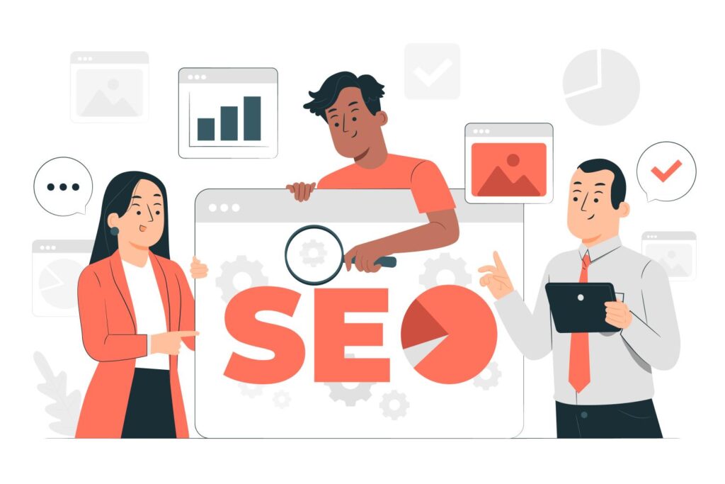 Trois personnes collaborant autour du thème du SEO, avec des éléments visuels tels que des graphiques, des engrenages et une loupe