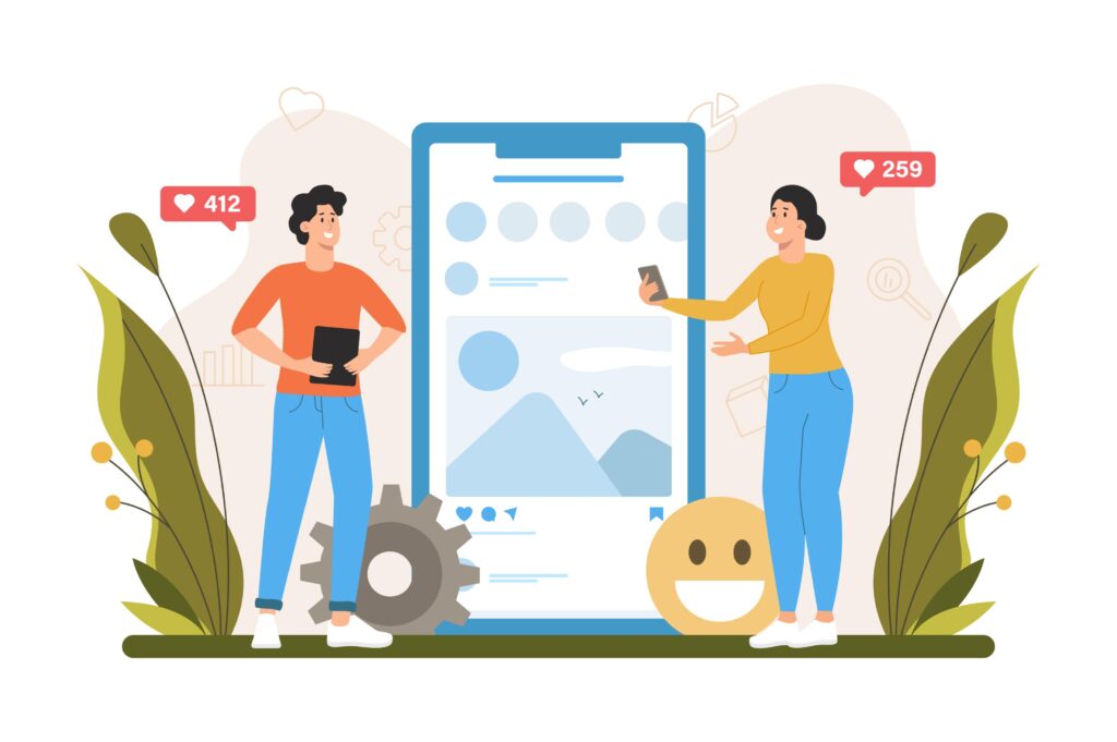Deux personnes devant un grand écran de smartphone, symbolisant une publication sur les réseaux sociaux.