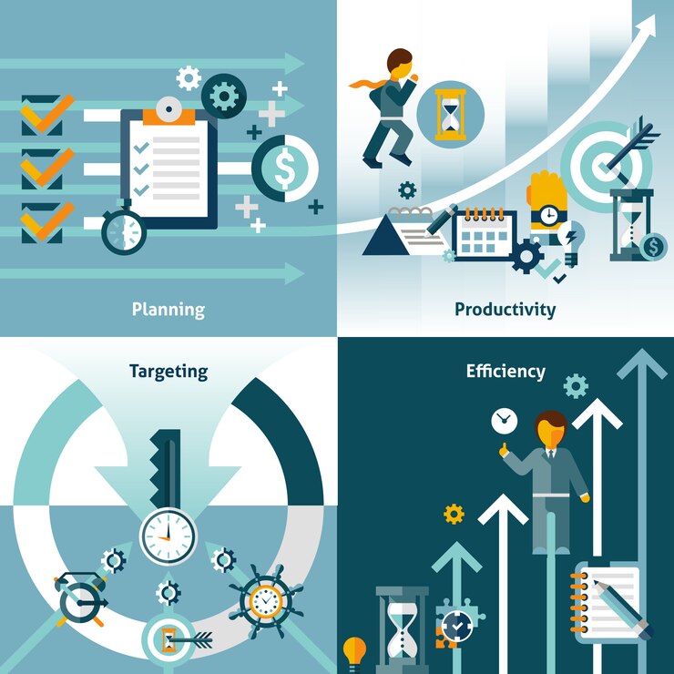 Développement Digital : Restez Informés et Découvrez les Avantages des Agences de Développement pour les Entreprises 8 Illustration représentant les concepts clés du développement digital, incluant la planification, la productivité, le ciblage et l’efficacité à travers des visuels dynamiques et modernes.