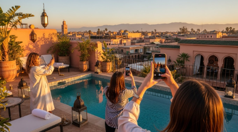 Terrasse d’un riad au coucher du soleil, trois femmes photographiant la vue et la piscine dans une ambiance chaleureuse avec l’Atlas en arrière-plan, illustrant le concept d’instagram tourisme Marrakech.