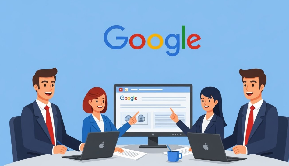 Équipe en réunion devant un écran affichant Google, travaillant sur une stratégie seo bancaire maroc pour optimiser la visibilité en ligne et améliorer le classement des services financiers.