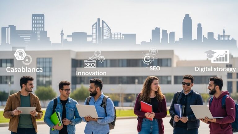 Étudiants internationaux échangeant sur un campus universitaire, avec références visuelles à Casablanca, au SEO et à l’innovation, illustrant la concurrence académique et la stratégie digitale au Maroc.