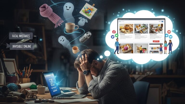 Artisan stressé devant son ordinateur, imaginant les erreurs fatales qui rendent son artisanat invisible en ligne, avec des produits faits main flottant autour de lui et une boutique en ligne illustrant le manque de visibilité numérique.