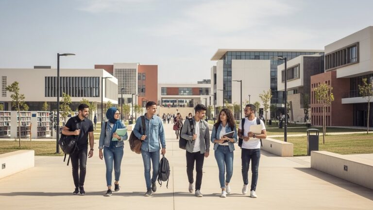 Campus universitaire africain moderne avec des étudiants, symbole de la digitalisation de l’enseignement supérieur en Afrique.