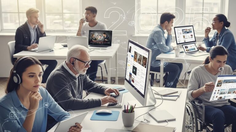Bureau moderne illustrant l’accessibilité web en 2025, avec des utilisateurs divers, dont une personne en fauteuil roulant et un senior, utilisant des technologies inclusives.